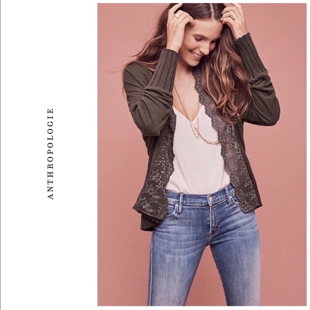 Anthropologie Tiny Rosalie open cardigan lace trim olive green